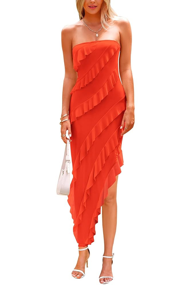 PRETTYGARDEN Womens Summer Maxi Dresses 2025 Strapless Tube Ruffle Asymmetrical Bodycon Party Coc... | Amazon (US)