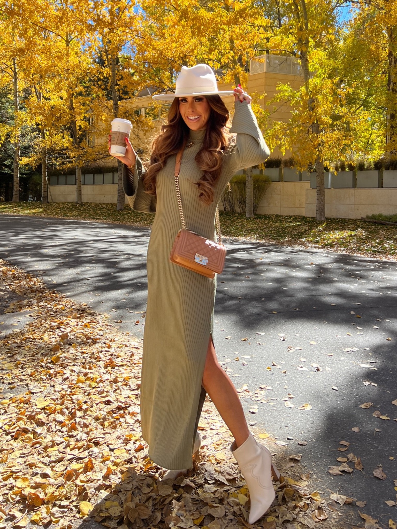 Fall Fashion, Fall Outfits, Sweater Dress, White Felt Hat, Fall Hat, Fall Fashion, Booties, Gold Jewelry, Brown Crossbody Bag, Chanel Bag, Emily Ann Gemma, Emily Gemma Jewelry, Aspen Colorado 

#LTKstyletip #LTKshoecrush #LTKSeasonal