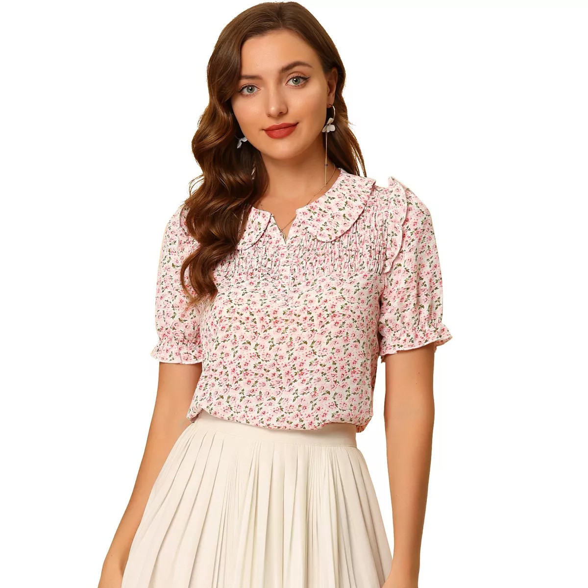 INSPIRE CHIC Women's Peter Pan Collar Smocked Puff Short Sleeve Ruffle Floral Blouse | Target