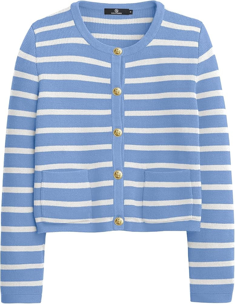 LILLUSORY Women's Striped Cardigan Sweaters Fall Outfits Clothes Fashion Trendy Long Sleeve Tops ... | Amazon (US)
