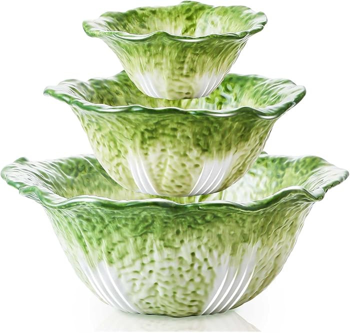 KXZ Green Cabbage Serving Bowl Set of 3 for Kitchen - Extra Large 60oz, 16oz, 5oz Nesting Mixing ... | Amazon (US)