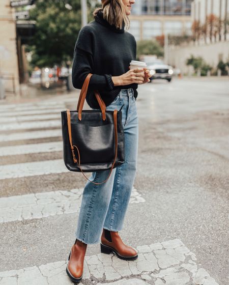 50% off site-wide (and 60% off my knit & boots). Thrilled to partner with @madewell and share a handful of my favorites from their Black Friday sale. Sweaters, jeans, boots and bags - they have it ALL! Plus, an excellent time to stock up on gifts (this tote with a gold monogram is a personal fave gift idea). Small in sweater, 24 in jeans, boots fit TTS. #ad #madewellpartner #everydaymadewell