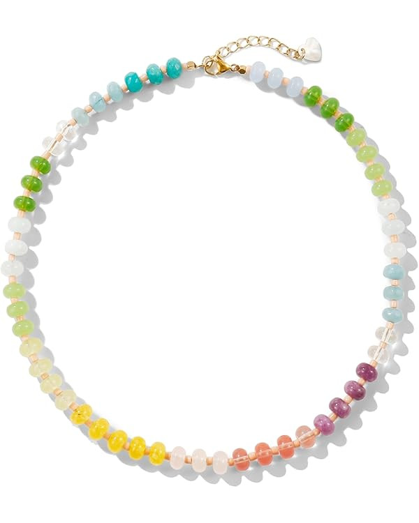 Gemstone Beaded Necklaces For Women Trendy Rainbow Natural Stone Boho Crystal Glass Handmade Stai... | Amazon (US)