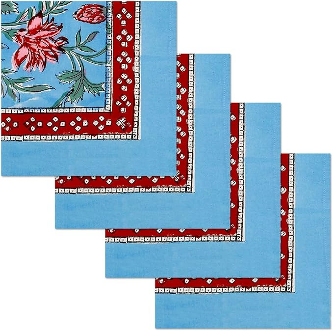16x16 Inches Cotton Napkins Set of 4, Red Blue, Washable Hand Block Printed Reusable Cloth Napkin... | Amazon (US)