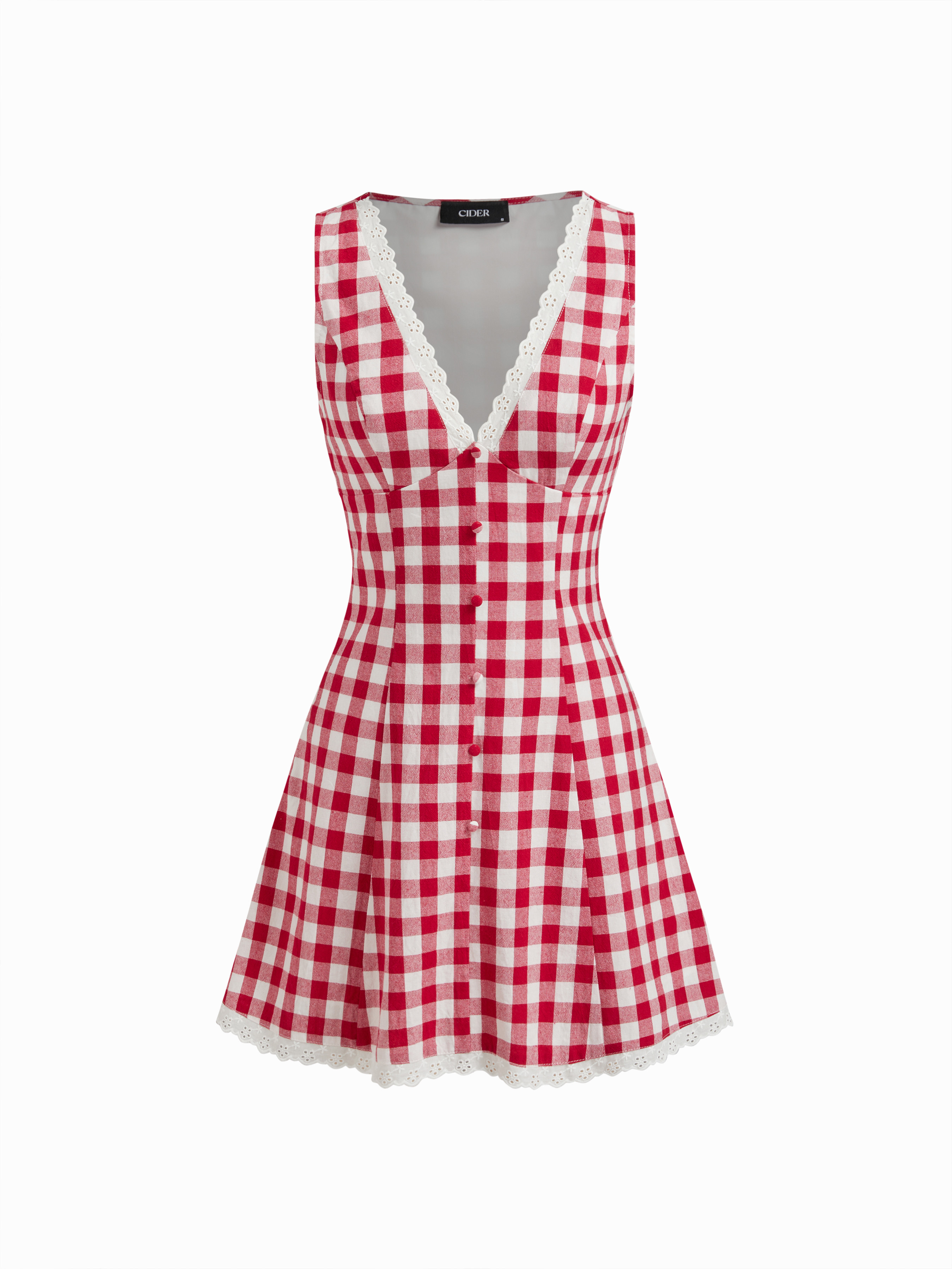 Woven Cotton Gingham V-neck Broderie Anglaise Trim Mini Dress For Daily Casual Picnic | Cider
