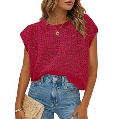 Saodimallsu Womens Crochet Sweaters Summer Cap Sleeve Knit Tops Lightweight Crewne… | Amazon (US)
