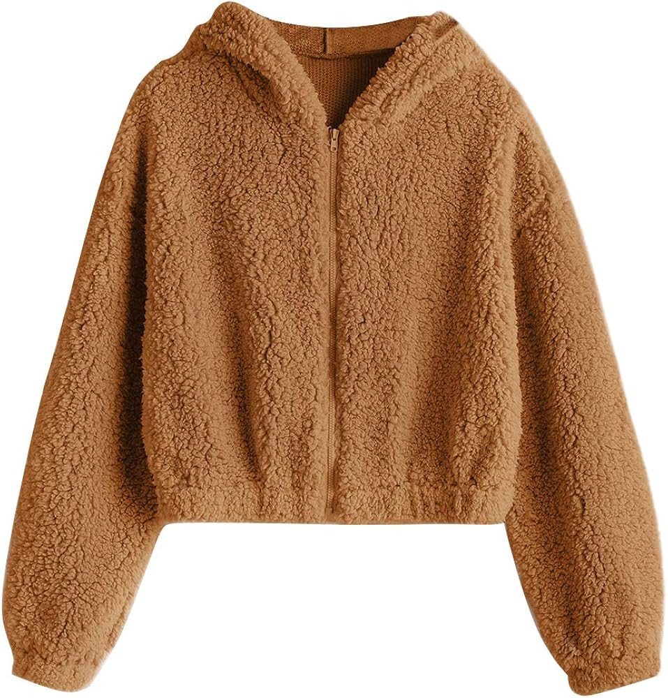 ZAFUL Women's Zip Up Faux Shearling Fluffy Hooded Cropped Teddy Jacket Coat | Amazon (US)