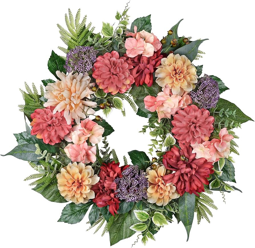 24-Inch Spring Wreath for Front Door with Hydrangeas Dahlias Daisy Silk Flowers and Berry Greener... | Amazon (US)