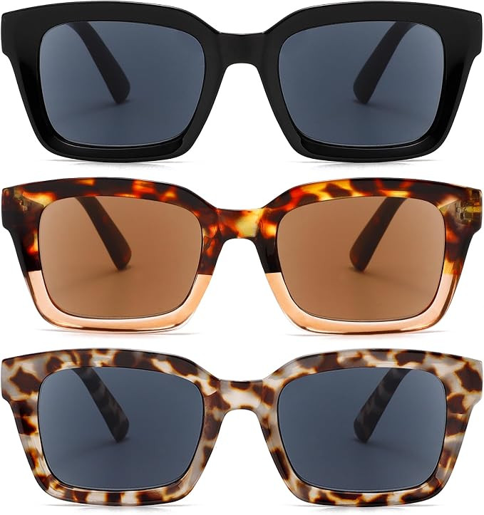 3 Pack Reader Sunglasses Square Reading Sunglasses Women Spring Hinge Stylis Ladies Full Lens UV4... | Amazon (US)