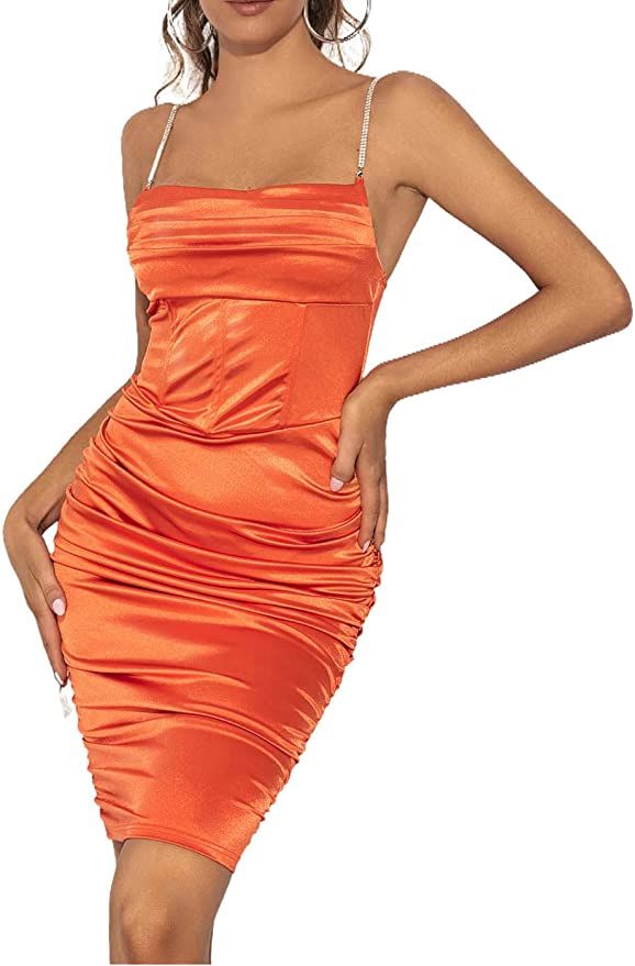 EVILD Spaghetti Strap Cocktail Bodycon Dress Rhinestone Ruched Midi Dress Sleeveless Banquet Even... | Amazon (US)