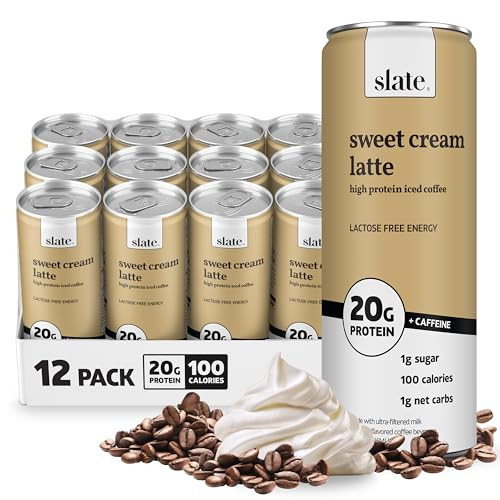 Slate Milk - High Protein Iced Coffee - Sweet Cream Latte - 175mg Caffeine, Lactose Free Energy - 20g Protein, 1g Sugar, 100 Calories, 1g Net Carbs, No Sugar Added - Protein Coffee - 11 fl oz, 12 Cans | Amazon (US)
