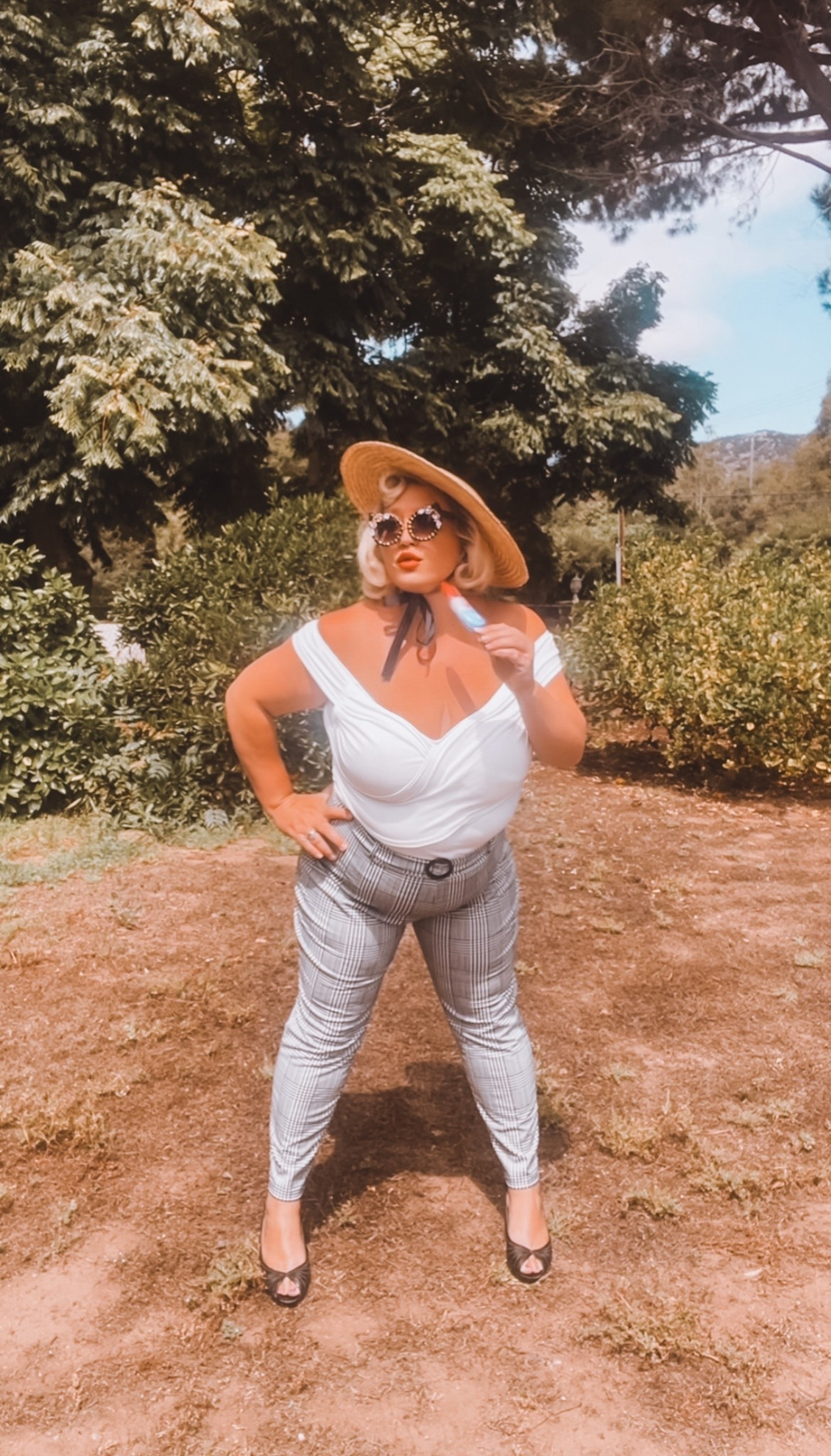 Sweet Sweet Summer! ☀️

Pinup off the shoulder white blouse
Houndstooth print pin up style pants
wide brim straw hat
bejeweled cat eye sunnies
black peep toe heels

#plussizestyle #plussizefashion
#curvystyle #curvyfashion 
#pinupstyle #ootd

#LTKPlusSize #LTKSummerEdit #LTKMidsize