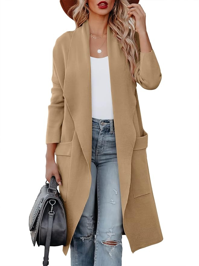 ANRABESS Women's Casual Long Sleeve Draped Open Front Knit Pockets Long Cardigan Jackets Sweater | Amazon (US)