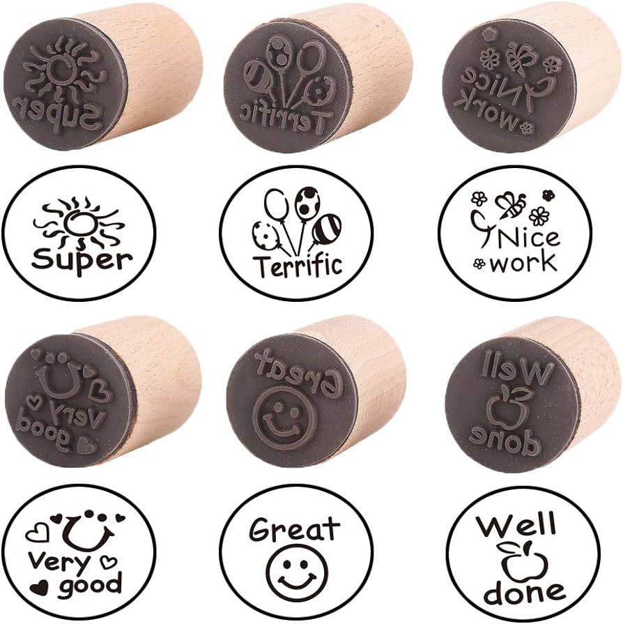 DECORA 6pcs Round Wood Rubber Stamp for School Teachers English Toy Stamp | Amazon (US)