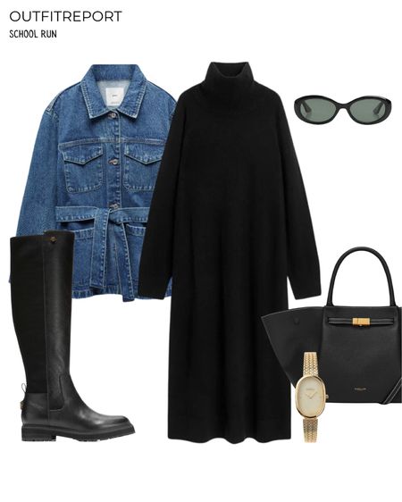 Black knit dress denim coat jacket black knee high boots 

#LTKshoecrush #LTKitbag #LTKstyletip