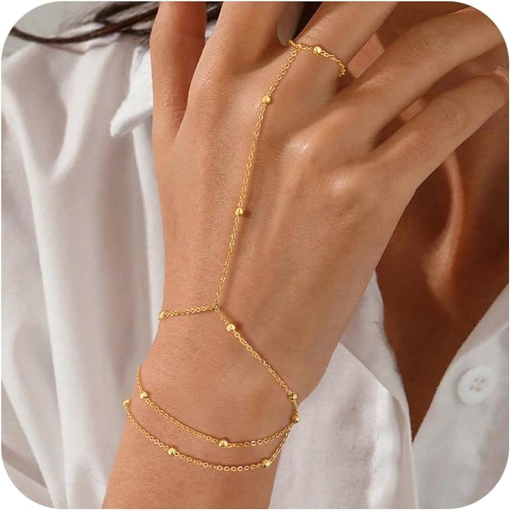 Gold Bracelets for Women, 14K Gold Plated/Silver Hand Chain Bracelet for Women Trendy Finger Ring... | Amazon (US)