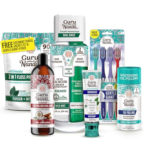 GuruNanda Gum Hygiene Makeover Kit with Ashwagandha & Cocomint (Travel Size) Oil Pulling, Neem Toothpaste, Breath Harmonizer Mouthwash, 2-in-1 Floss Picks & Whitening Toothbrushes | Amazon (US)