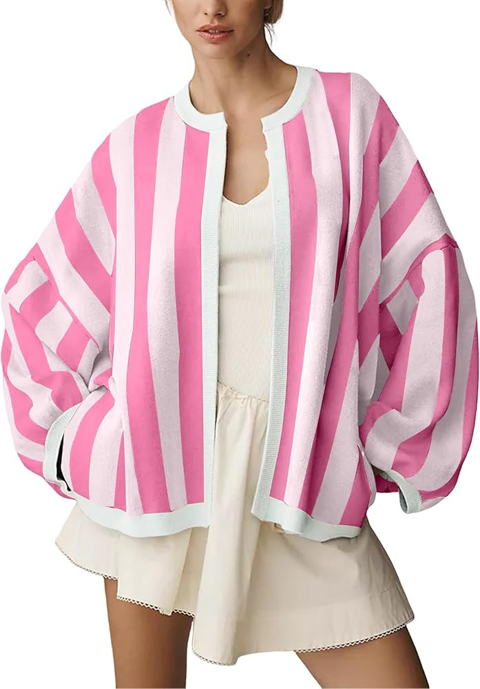 Women's Casual Loose Fit Striped Cardigan Long Balloon Sleeves Open Front Knit Sweater | Amazon (US)