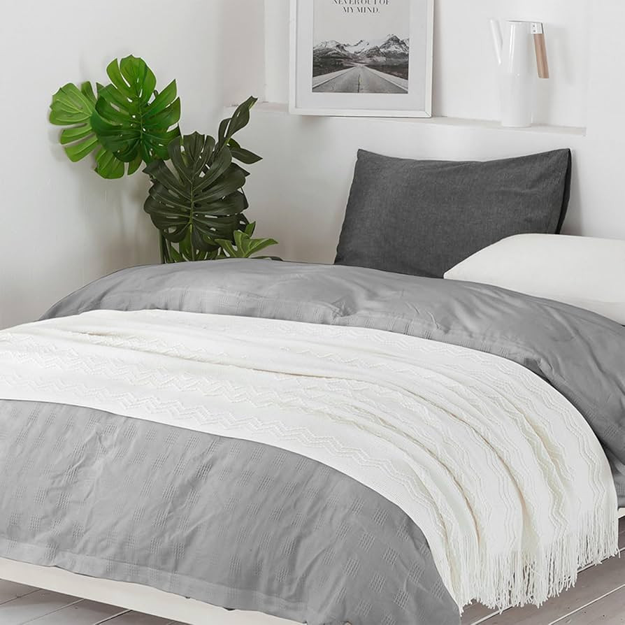BOURINA Off White Throw Blanket 50 x90 Inches Throw Textured Solid Soft Sofa Throw Bed Runner Cou... | Amazon (US)