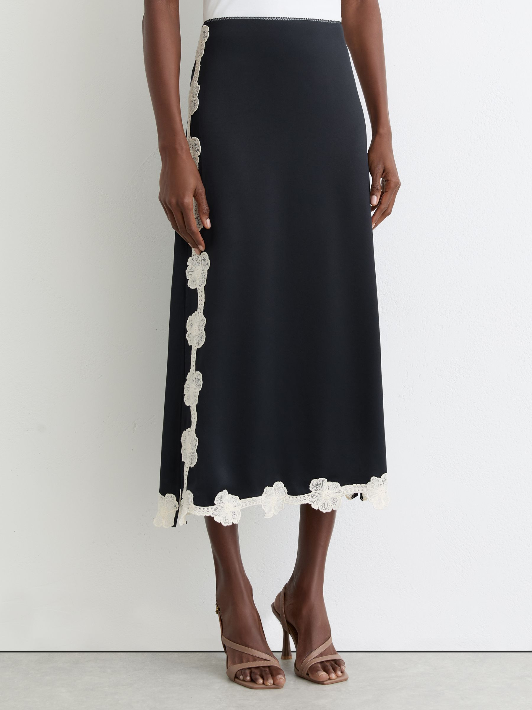Reiss Satin Floral-Lace Trim Midi Skirt in Navy | REISS | Reiss DE