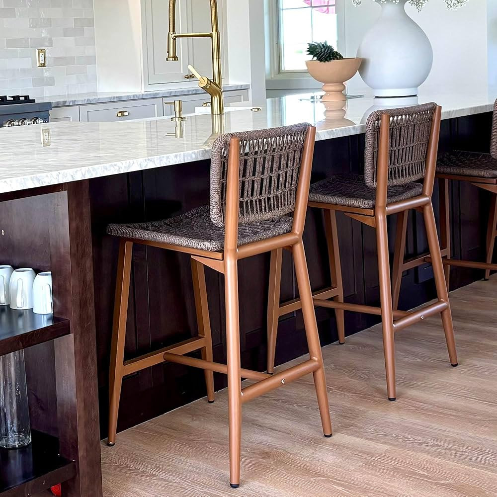 PURPLE LEAF Bar Stools Set of 2 Patio Wicker Bar Height Metal Chairs Boho High Barstools with Bac... | Amazon (US)