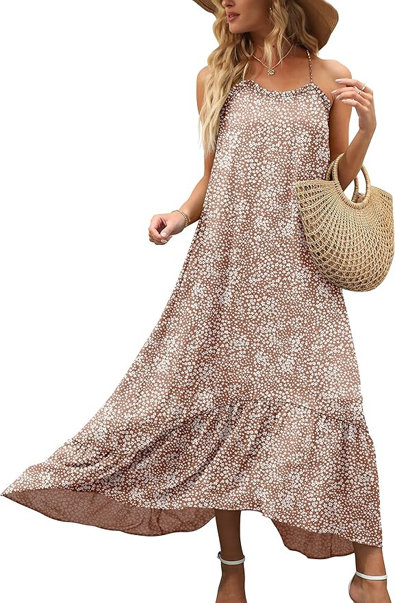 ANRABESS Womens Summer High Low Ruffle Maxi Dress Spaghetti Strap Print Flowy Beach Long Dress | Amazon (US)