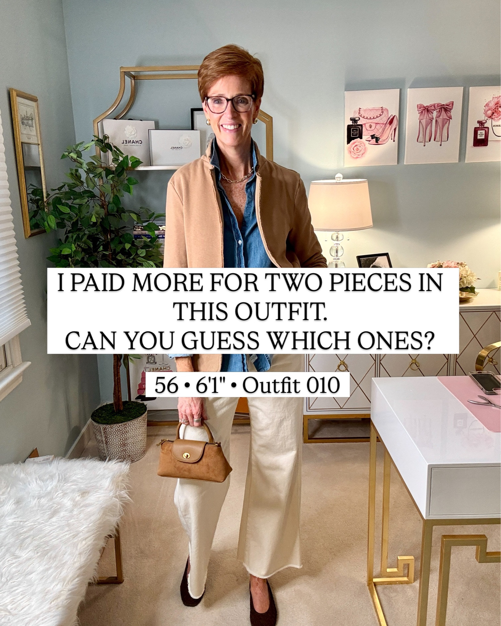 Would you have guessed which two pieces I splurged on?

Want the links sent to you? Comment SPLURGE and I’ll DM them!

The denim shirt and camel sweatshirt blazer were the investment pieces in this outfit—and this is exactly what I want from something that costs more. I don’t want to save it for “good.” I want to reach for it over and over and be able to wear it with the clothes already in my closet.

At 56 and 6’1”, I’ve become much more interested in cost per wear than cost alone. Here, I’m layering two higher-priced wardrobe staples with cream wide-leg jeans, brown suede woven flats and an inexpensive faux-suede bag. The mix is what makes the whole outfit work: classic denim, soft camel, cream and rich brown for an easy fall outfit that still feels polished.

That’s also my test for this week’s Splurge Edit: not Is it expensive? but Did it earn its place in my closet?

Save this fall outfit formula if you’d wear it, and send it to a friend who loves classic style.
Now I’m curious: what category are YOU willing to spend more on—shoes, bags, denim, sweaters, jackets…or something else?

#Over40Style #FallOutfitIdeas #TallWomenStyle