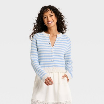 Women's Crewneck Cotton Cardigan - Universal Thread™ Blue Striped S | Target