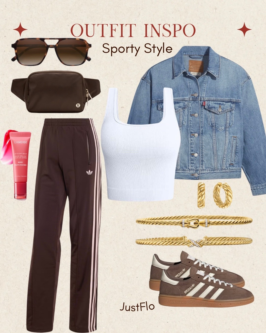 Sporty but make it cute 🤎✨
This look is my go-to for running errands, coffee dates, or busy mom days when I still want to feel put together. The brown tones are everything right now and paired with classic stripes + a denim jacket… effortless 🔥

Linked all my favorites from this outfit including the comfy track pants, cropped tank, and must-have sneakers 👟💫 Plus my everyday accessories to elevate the whole look!

#LTKStyle #SportyChic #MomStyle #CasualOutfits #EverydayStyle #OOTD #NeutralStyle #AdidasStyle #DenimJacket #StreetStyle

#LTKootd #LTKActive #LTKTravel