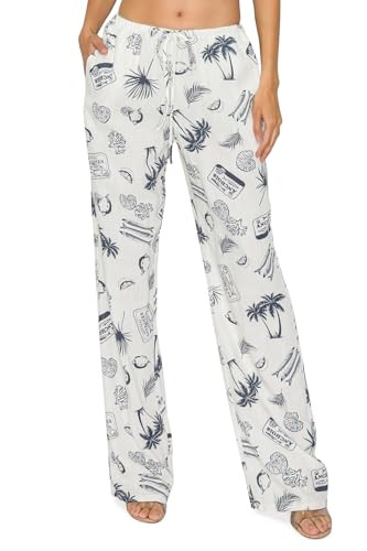 Cali1850 Women's Printed Linen Pants - 30" Inseam Drawstring Elastic Waist Casual Pull On Beach L... | Amazon (US)