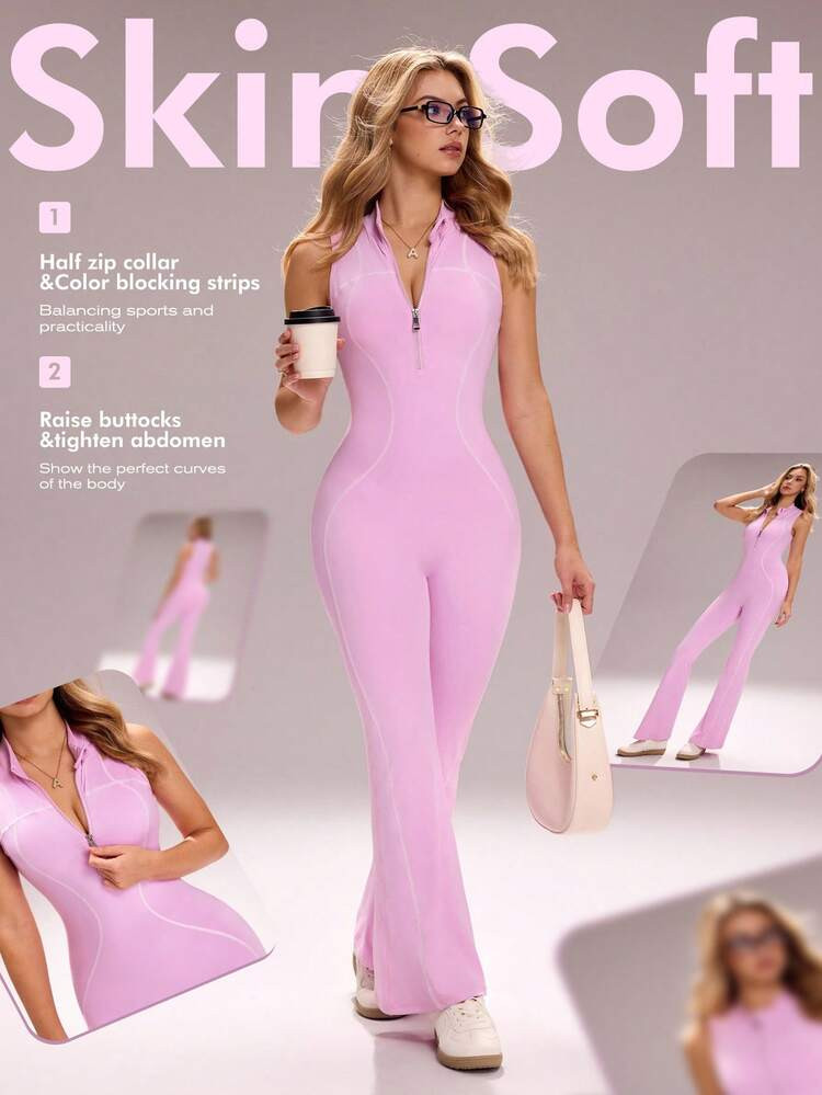 Sovereign Charm Mono De Yoga Con Lazo De Color Contrastante Para Mujer, Mono Corto De Manga Corta Ajustado Para Deportes Al Aire Libre, Carrera Y Entrenamiento | SHEIN