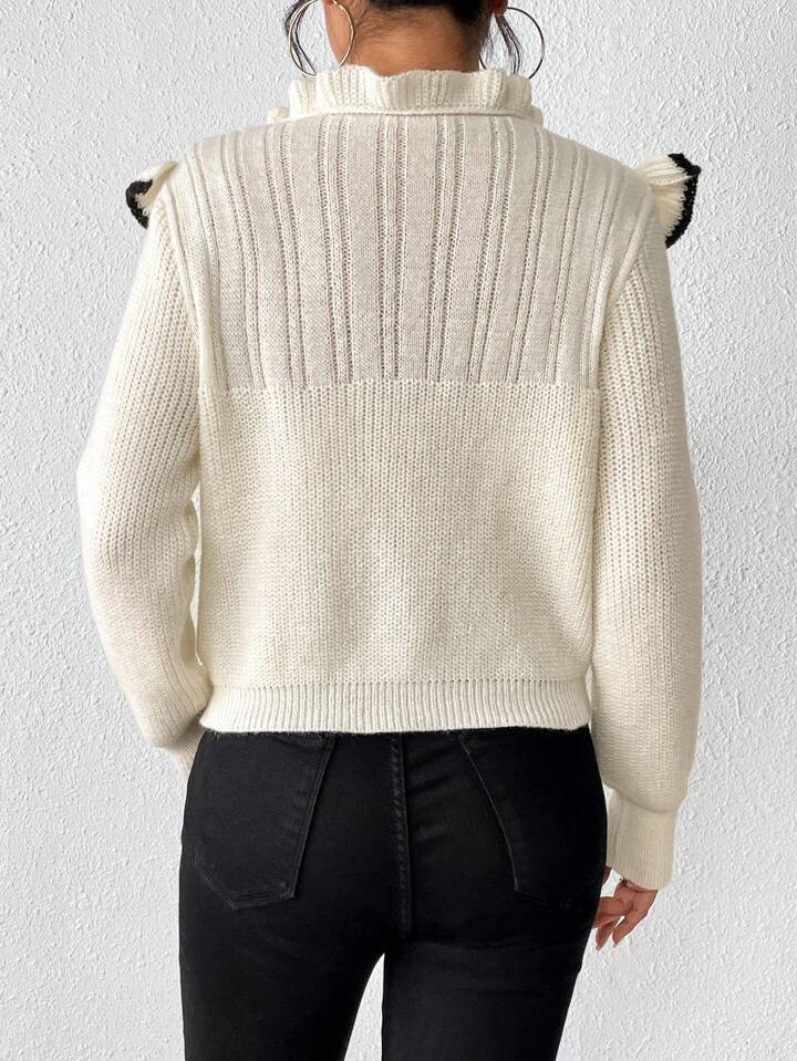 SHEIN Raffinéa Contrast Frill Trim Tie Front Sweater,Long Sleeve Tops | SHEIN