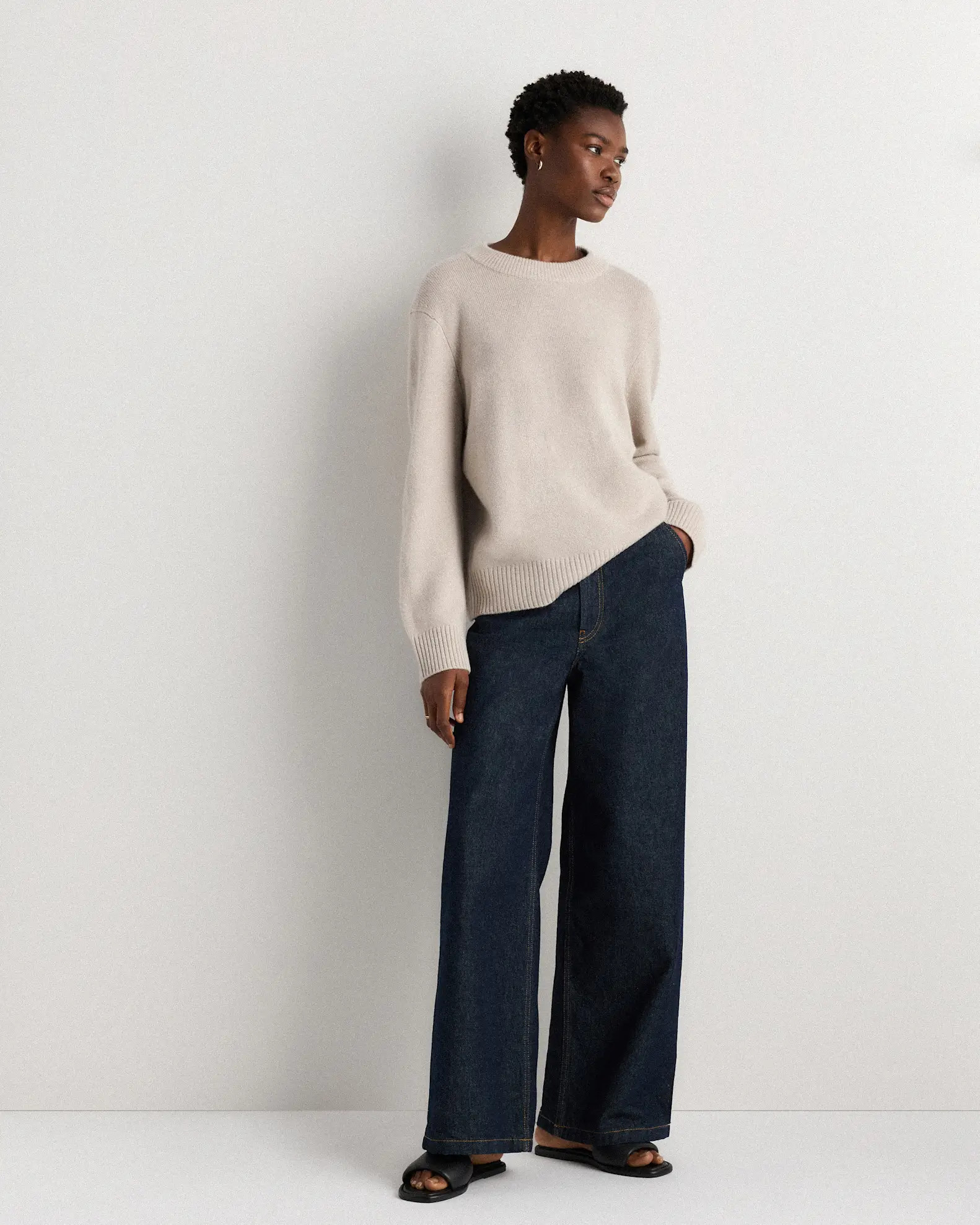 Mongolian Cashmere Oversized Crewneck Sweater in Heather Cloud Beige | Quince