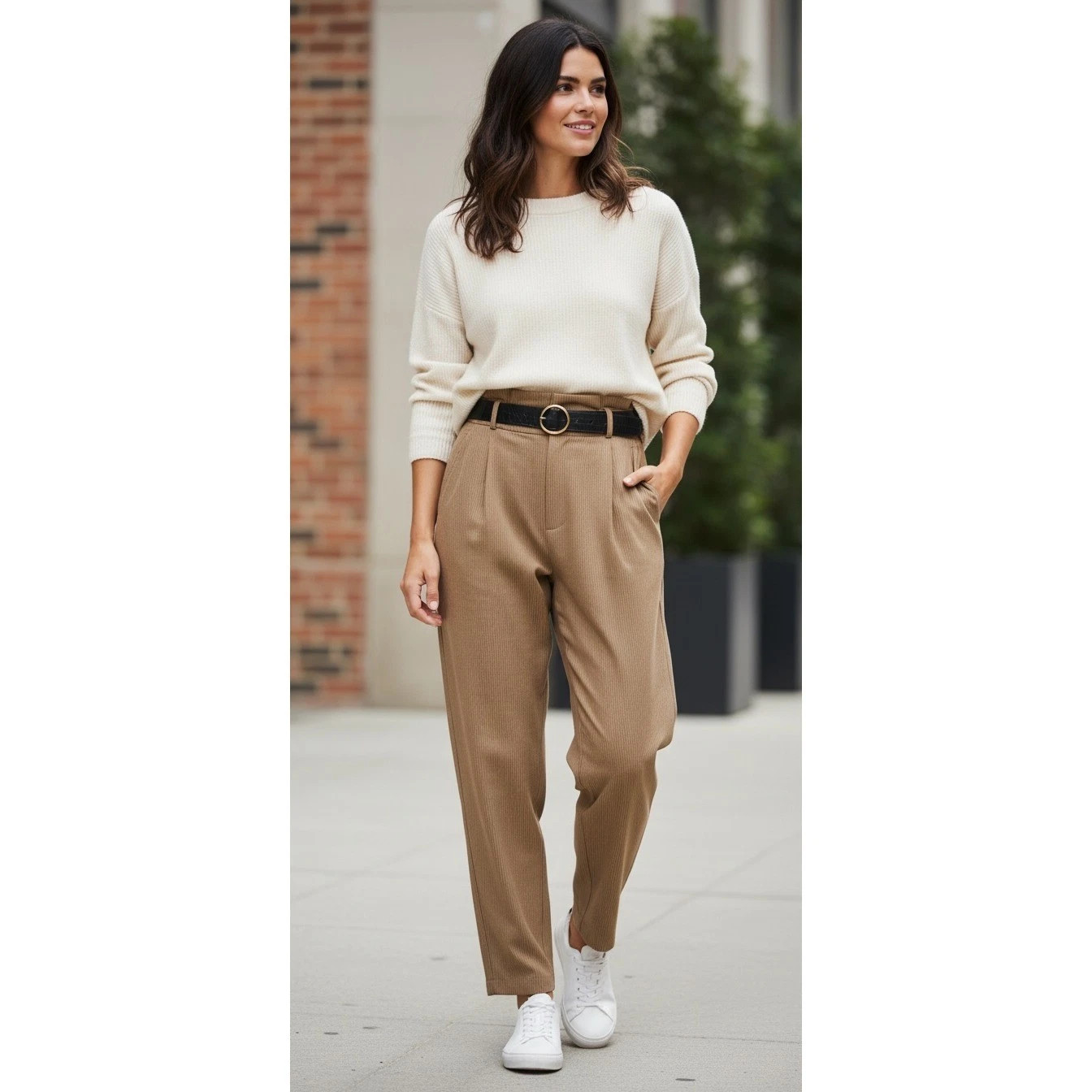 Zara Brown Houndstooth Pleated High Waisted Trousers with Belt Size Large | eBay | eBay US