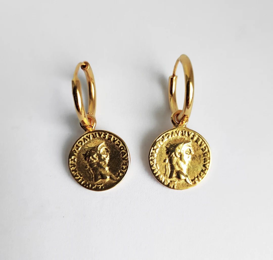 Gold Coin Hoop Earrings Huggie Hoop Gypsy Earrings Pirate - Etsy | Etsy (US)