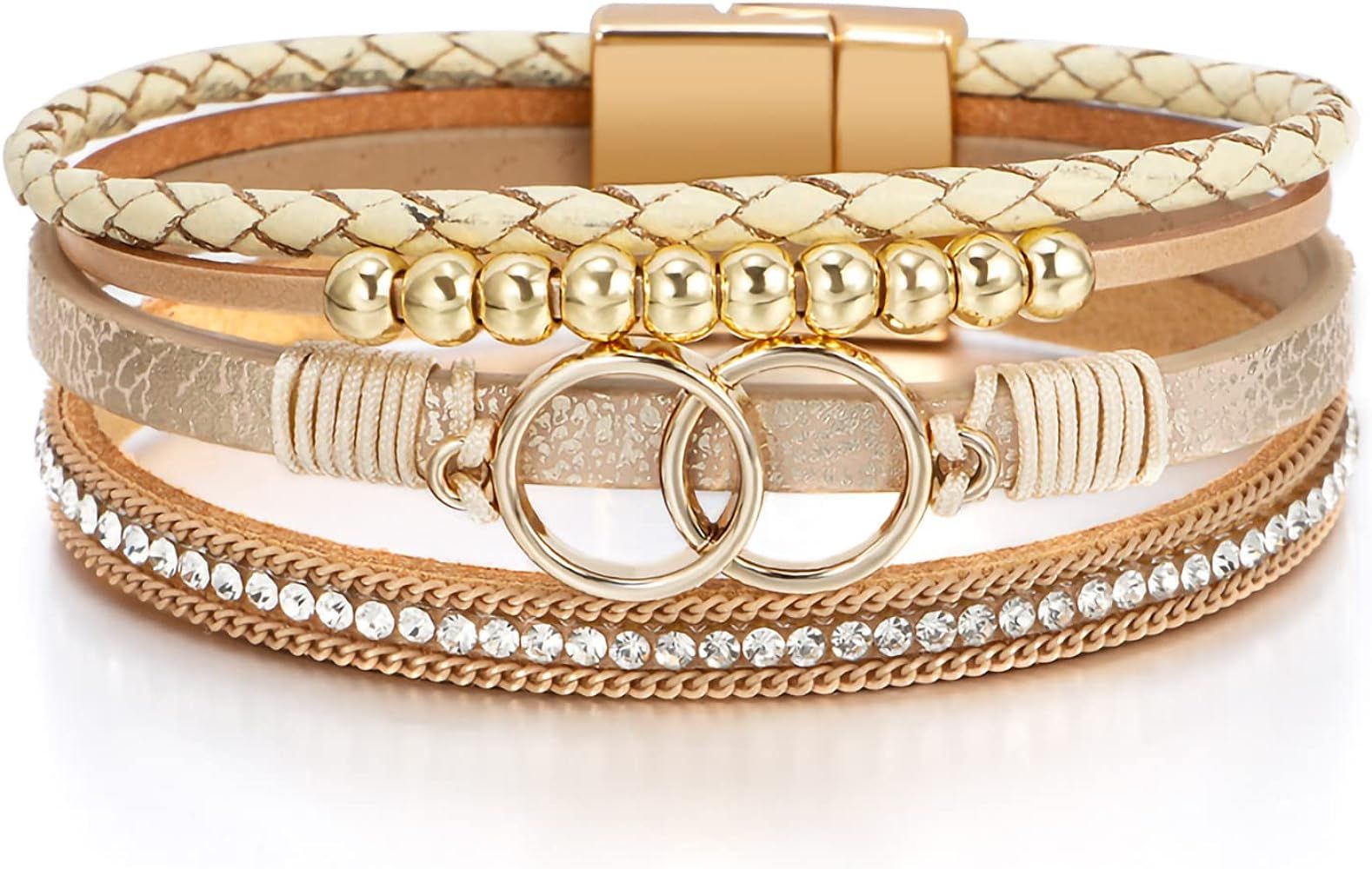 Fesciory Leopard Bracelet for Women, Boho Leather Wrap Multi-Layer Pearl Crystal Bracelet Bangle ... | Amazon (US)