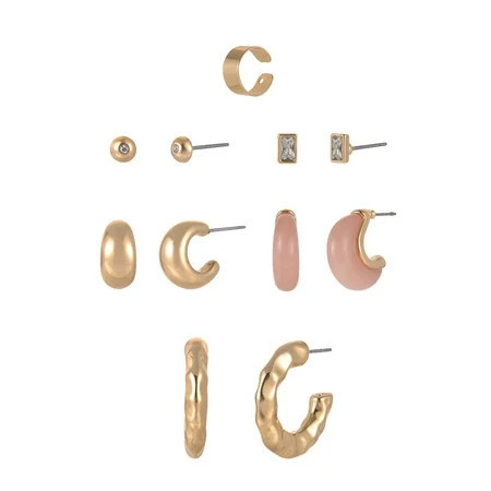 Time and Tru Goldtone and Silvertone 5-On Milky Pink Swirl Resin Hoop and Studs Earring Stacker Set | Walmart (US)