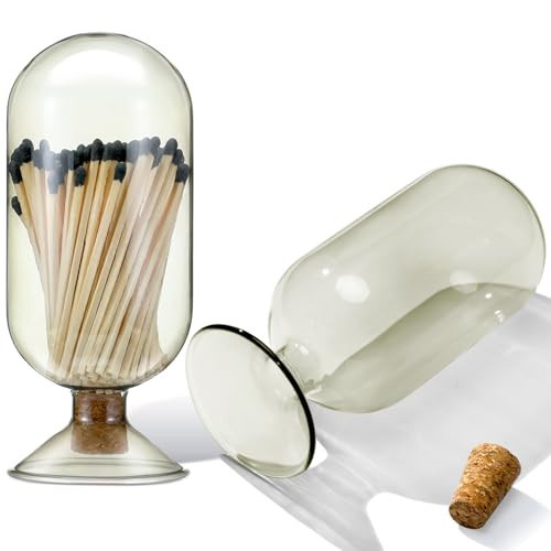 Teenyyou Smoke Grey Glass Match Cloche Holder Decorative Matches Jar Trendy Fireplace Display Decor, Not Include Sticks(7 x 2.95 Inch) | Amazon (US)