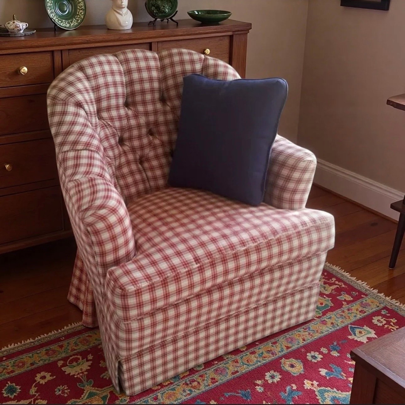 I am in love with this adorable red plaid chair!

This would be so cute with a floral sofa!

The tufted button detail on the back is so cute and I think my new house needs this chair.

Living room chair, bedroom chair, upholstered chair, cottage style chair 

#LTKHome #LTKOver40