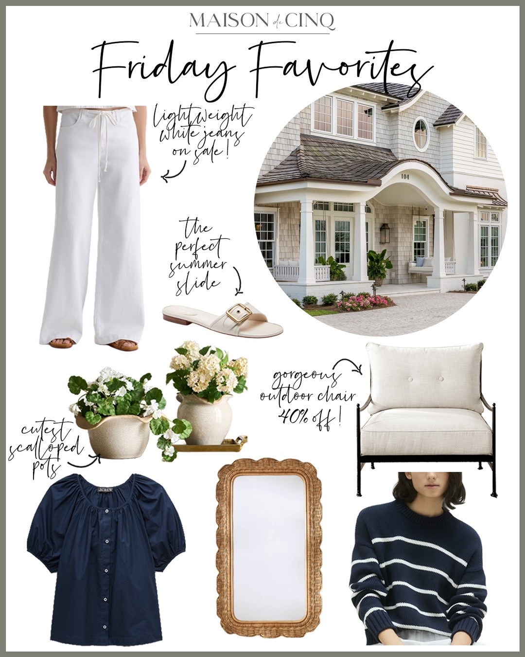 Friday Favorites time! And this week we’re sharing white jeans, outdoor finds from the McGee sale, summery tops, the cutest wicker finds, plus sandals we’re loving and more!

Home decor, summer decor, outdoor decor, outdoor furniture, mirror, summer sweaters, planters, vases

#LTKSeasonal #LTKHome #LTKSaleAlert