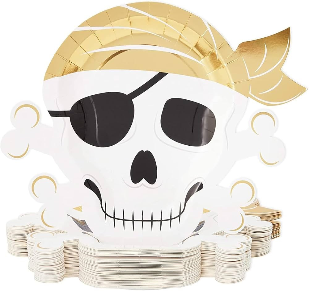BLUE PANDA 48 Pack Gold Foil Pirate Plates for Pirate Birthday Party Supplies, Tableware (Skull D... | Amazon (US)