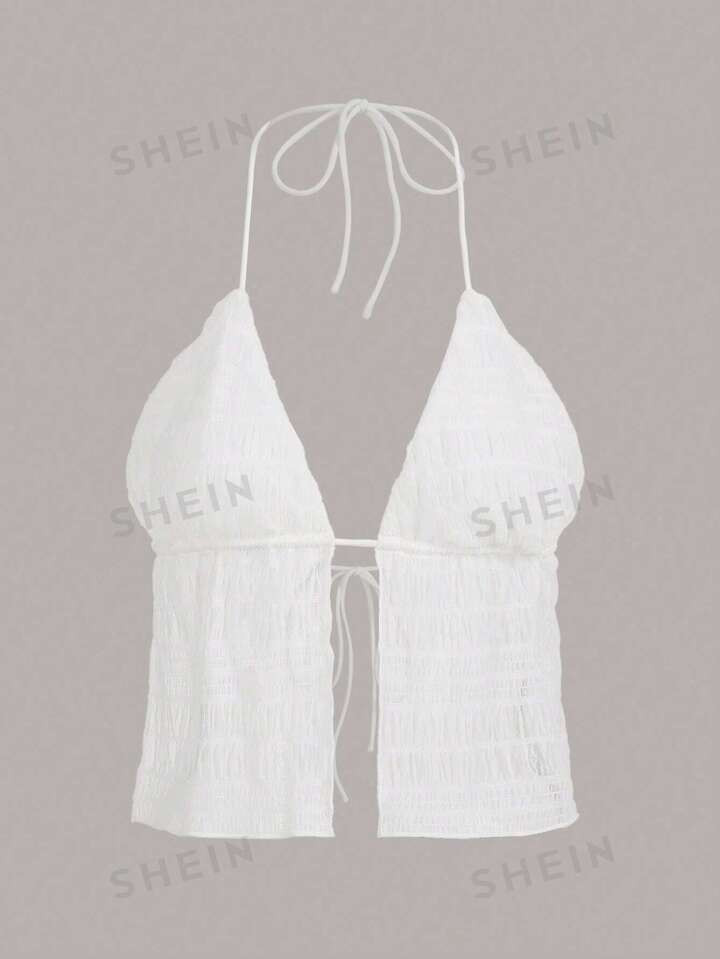 SHEIN X Stagecoach Solid Tie Back Halter SummerTop | SHEIN