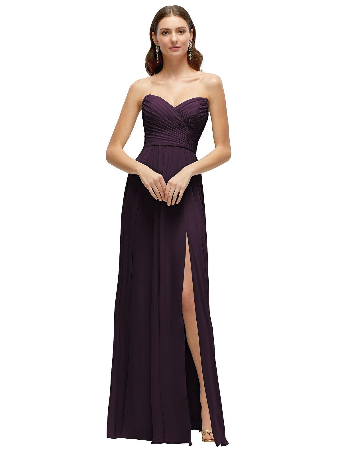 Strapless Pleated Surplice Chiffon Maxi Dress with A-Line Skirt in Aubergine | Dessy Group