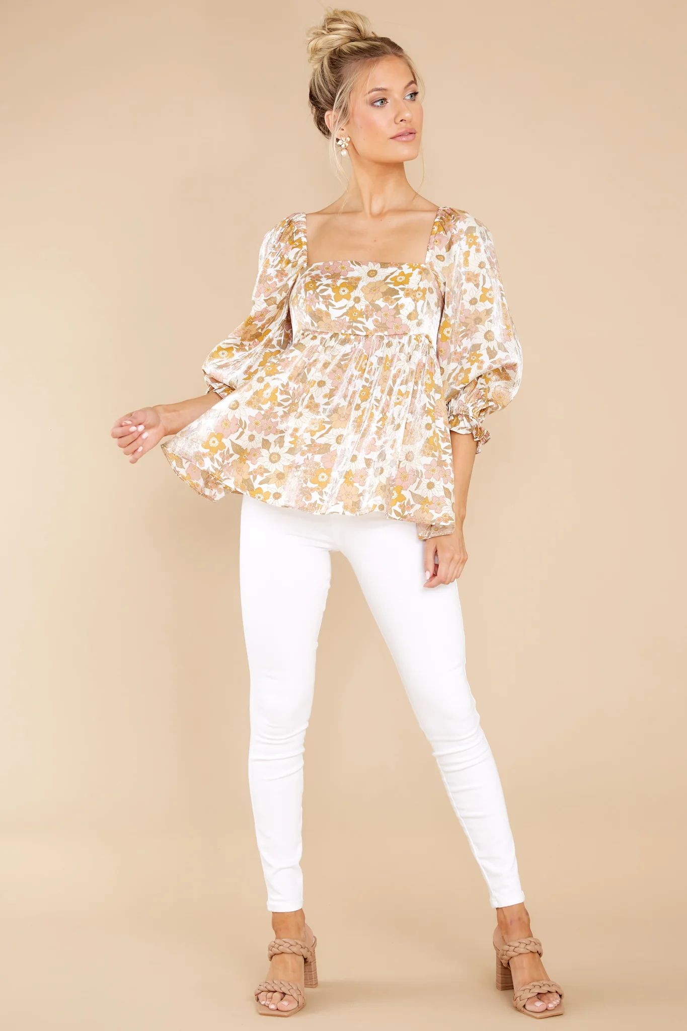 Sunny Blooms White And Gold Floral Print Top | Red Dress 