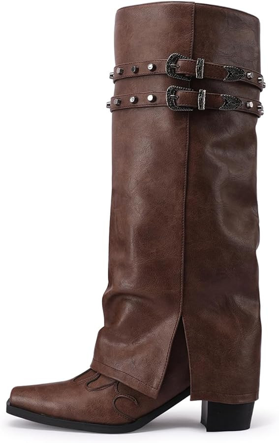 JANSEVEN Fold Over Boots for Women Overlay Knee High Boot Chunky Block Mid Heel Pull On Tall Boot... | Amazon (US)