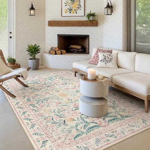 Morebes Floral Pink Rugs for Bedroom Girls, Washable 5x7 Area Rug for Living Room Non Slip, Vintage Low-Pile Indoor Floor Boho Flower Carpet for Kids Nursery Playroom, Light Pink&Green | Amazon (US)