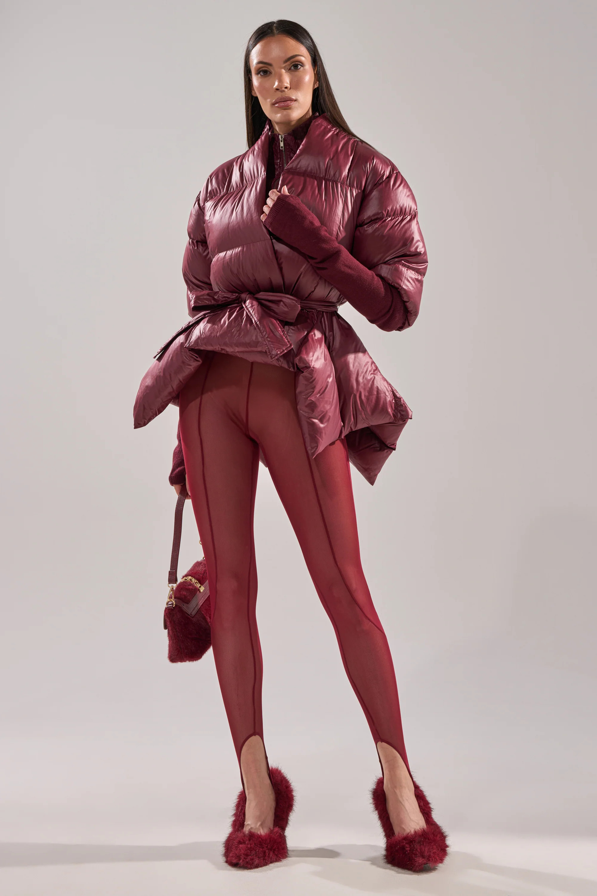 RIB SLEEVE PEPLUM PUFFER IN BURGUNDY | AKIRA