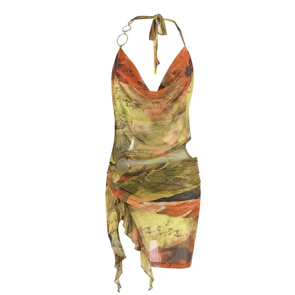 Women Sexy Sheer Halterneck Mini Dress Hollow Out Colourful Mesh Floral Dress for Beach Party Nig... | Amazon (US)