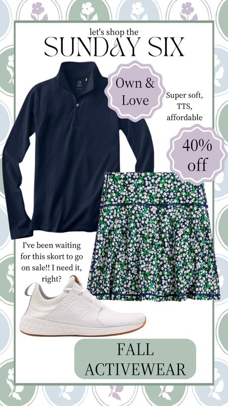 Fall activewear outfit, floral tennis skirt on sale, 40% off! I’ve been waiting for this skort to go on sale, it’s so cute! Could also pair with a white top in the summertime. I own this navy quarter-zip pullover and it’s super soft, great quality, and affordable. Skirt and active top both fit TTS. Pair with my favorite white sneakers. 

Activewear, mom style, casual style, ootd, fall fashion, sale, Jcrew style, classic, preppy #activewear #fallfashion #sale #active #momstyle

#LTKfitness #LTKunder100 #LTKsalealert