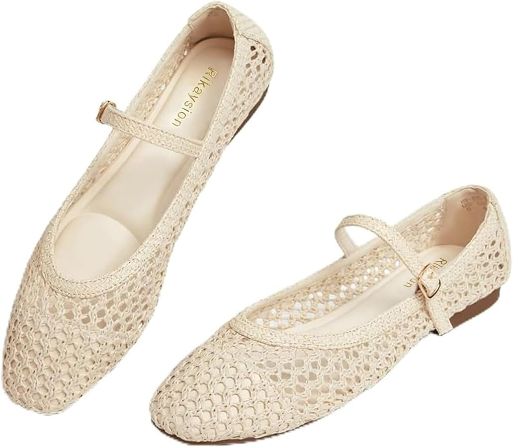 Women Mary Jane Woven Flats Square Toe Ballet Flats with Adjustable Strap | Amazon (US)
